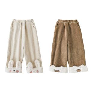 幼悠女童萌咖剧场加绒灯芯梭织裤儿童俏皮可爱萌宠刺绣直筒阔腿裤