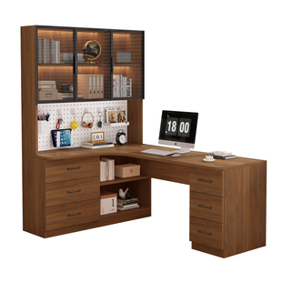 实木转角式书桌书架卧室家用学习写字桌组合一体书柜办公电脑桌子