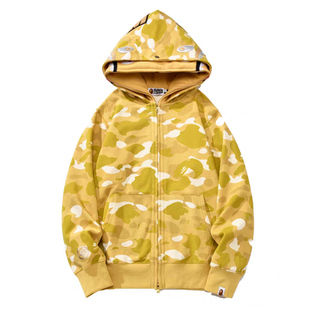 潮牌APE连帽卫衣双帽开衫拉链冬高版本SHARK APE鲨鱼迷彩外套亲子