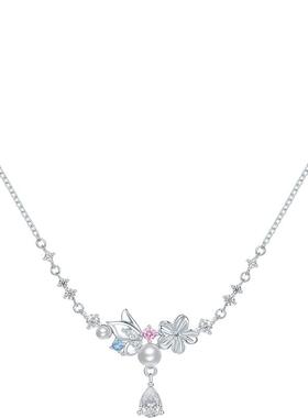 周六福项链女蝴蝶花朵链坠S925银高级感轻奢小众送女友圣诞礼物