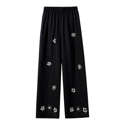 小雏菊珠绣直筒亚麻休闲长裤