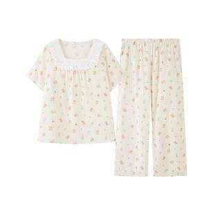 三福女夏季方领棉花边睡衣套装 甜系少女短袖裤子家居服517844