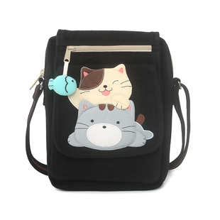 Kine猫 玩耍猫斜挎包棉布卡通可爱女学生校园多口袋收纳斜背小包