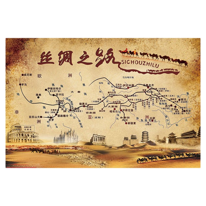 丝绸之路地图沙漠壁画历史古代文化贸易壁纸怀旧路线餐厅背景墙纸