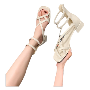 设计感交叉绑带凉鞋女2024夏季新款韩版粗跟夹脚配裙子沙滩罗马鞋