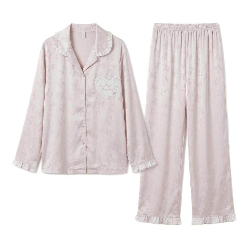 蝴蝶结粉色长袖翻领家居服套装