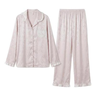 蝴蝶结粉色长袖翻领家居服套装