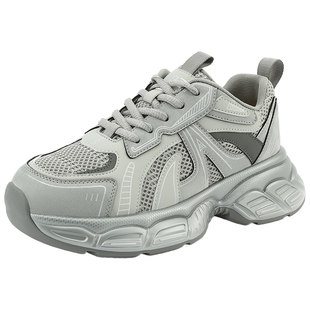 UBZ 银色厚底老爹鞋女款2026新款春季复古做旧显脚小网面运动女鞋