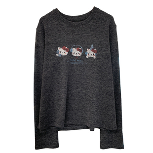 糯叽叽卡通印花宽松长袖T恤女秋软弹遮肉显瘦打底衫灰色磨毛上衣