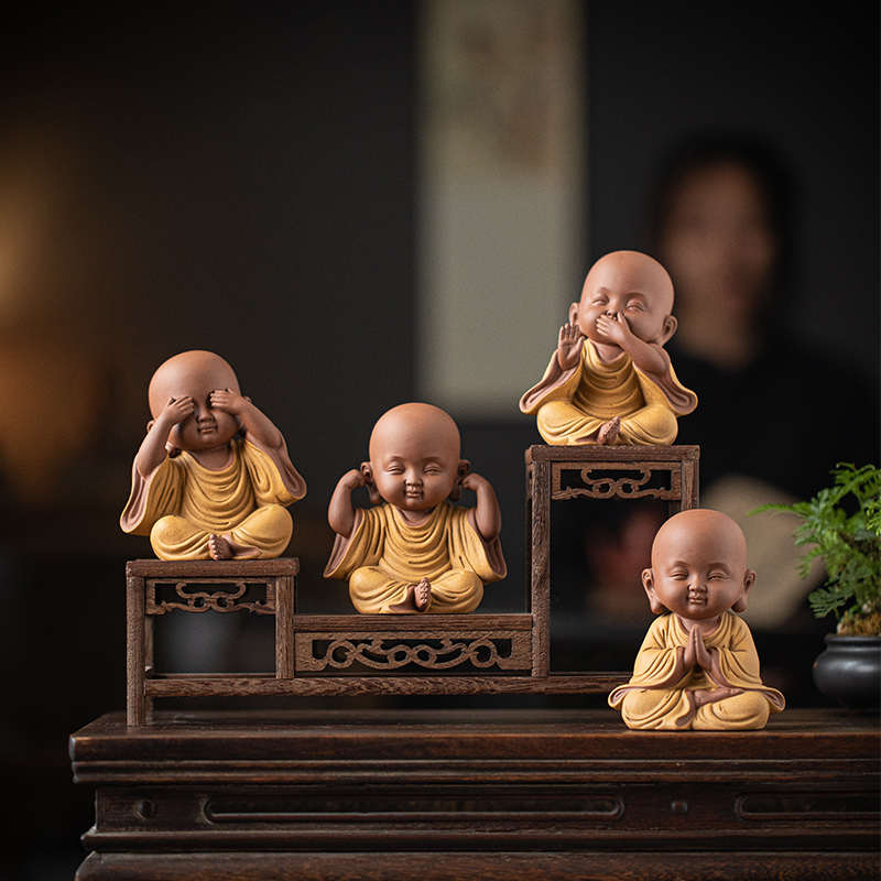 紫砂禅意佛系四不小和尚摆件创意陶瓷人物家居客厅桌面造景装饰品