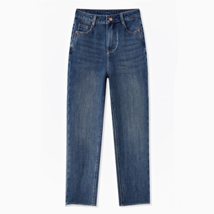 文希WENXI秋冬深蓝色牛仔裤直筒裤法棍裤新款裤子女春秋直筒高腰