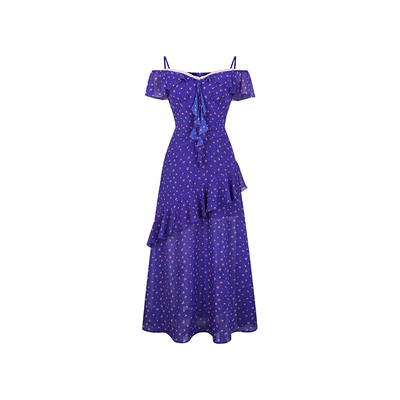 安妮不火 一字肩蕾花边领雪纺印花度假裙女微胖大码收腰吊带长裙