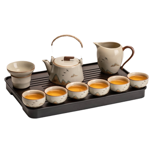 新汝窑功夫茶具套装家用陶瓷提梁壶盖碗茶杯轻奢高档办公室泡茶器