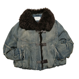 2025冬新款90白鹅绒羊羔真毛拼接牛仔羽绒服女显瘦面包服短款外套