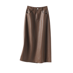 海宁真皮皮裙女高腰半身裙2025秋冬新款绵羊皮过膝开叉a字中长裙