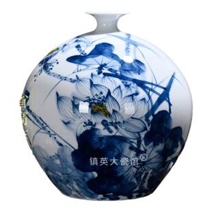 景德镇陶瓷器手绘青花荷塘笑口常开圆球中式公司玄关客厅摆件花瓶