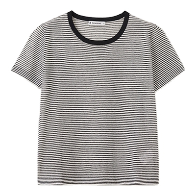 播黑白条纹航海圆领短袖针织衫女夏宽松亚麻罩衫DDS2SD5107