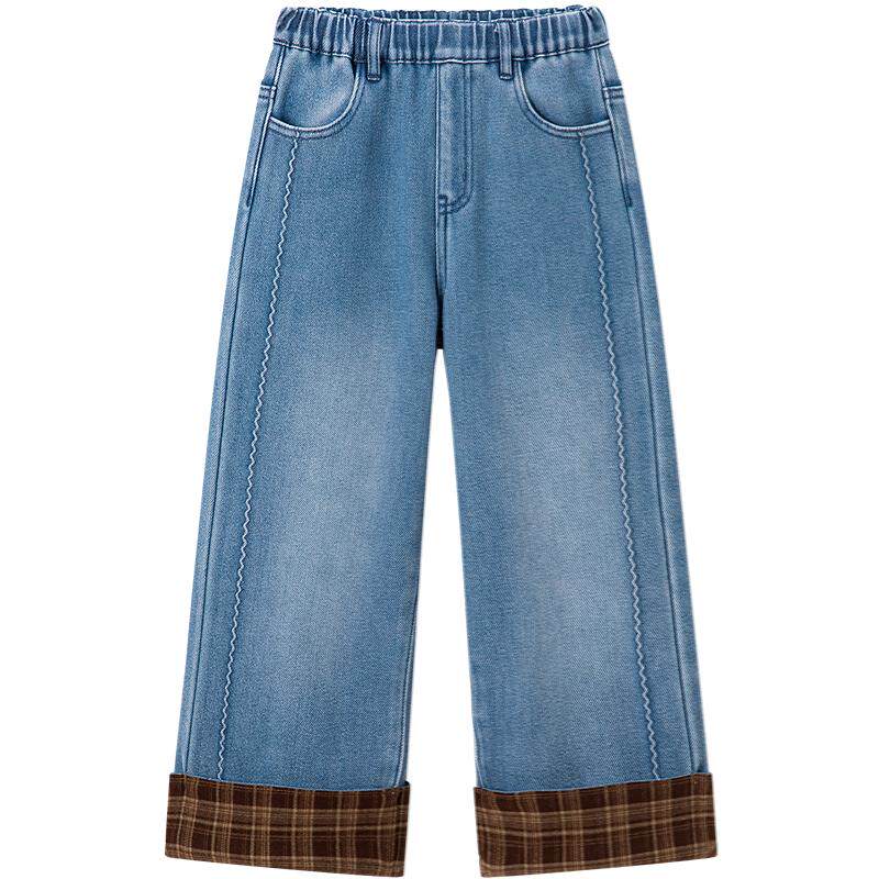 MINIPEACE太平鸟童装女童牛仔裤冬季加绒格纹直筒长裤新款裤子