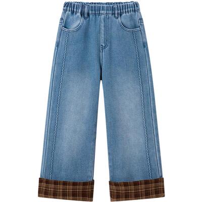 MINIPEACE太平鸟童装女童牛仔裤冬季加绒格纹直筒长裤新款裤子