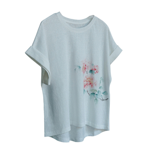 棉麻白T恤女宽松手绘国风牡丹荷花图透气凉爽小飞袖短袖夏季2025