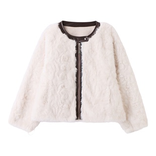 小香风皮毛一体短款毛绒外套女冬季新款简约圆领宽松保暖环保皮草