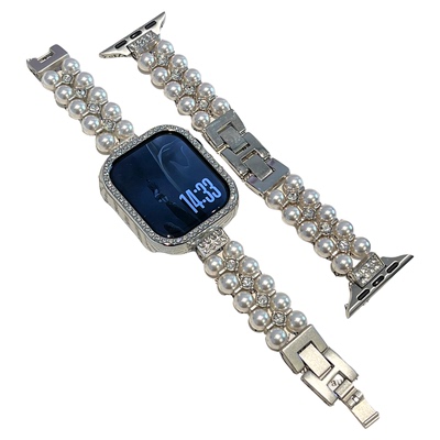 适用于苹果手表表带s11新款s10珍珠镶钻iwatch s9金属series10智能腕表AppleWatch女款s876时尚JY夏ins专用se