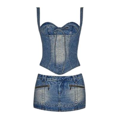 【姚晓棠同款】LSOUL 蓝色牛仔套装吊带短款收腰显瘦修身露背低腰
