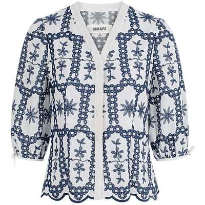 蓝白拼色植物印花V领全棉衬衫