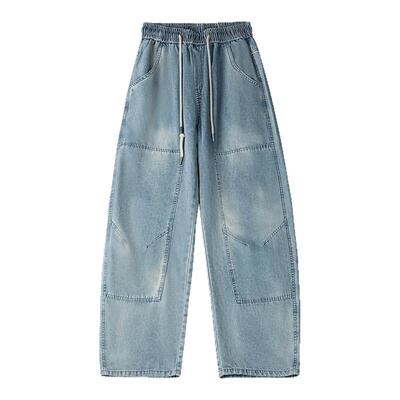 FNB美式高街水洗直筒牛仔裤男夏薄款长裤垂感宽松阔腿裤弯刀裤子