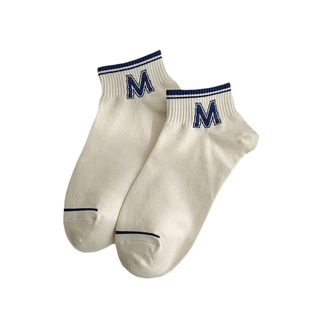 蓝色条纹袜子女夏天薄款短筒袜学院风字母短袜女纯棉吸汗学生袜子