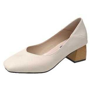 软皮方头粗跟单鞋女2025春秋新款仙女风百搭工作鞋中跟舒适奶奶鞋