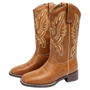 「鞋登」何穗同款美拉德风西部牛仔靴女夏季草原中筒刺绣棕色靴子