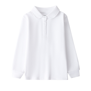 儿童白色polo衫纯棉娃娃领秋冬季女童长袖t恤打底衫加厚校服衬衫