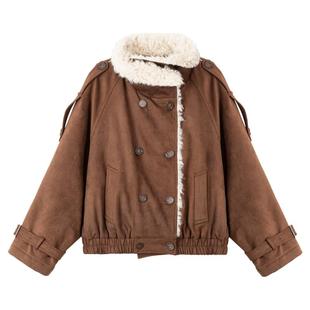 KEIKO 环保牛皮绒大翻领夹棉外套女25冬季美拉德廓形加厚短款棉服