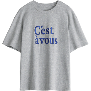 CV大码女装 春夏新款韩系宽松圆领撞色字母刺绣T恤短袖上衣胖MM女