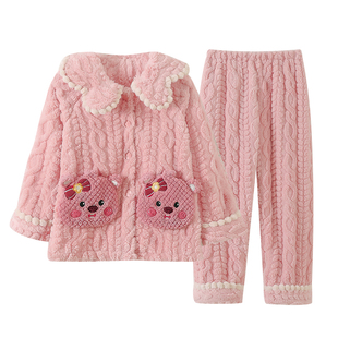 猫人女童睡衣2026新款秋冬季加绒加厚珊瑚绒卡通家居服套装可外穿