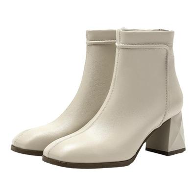 哈森方头粗跟短筒靴子女秋冬新款时尚通勤时装靴短靴HWA230110