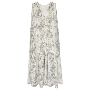 因由 夏日浪漫天丝花鸟印花连衣裙女江南春水色V领中长款A字伞裙