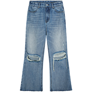 落落狷介  破洞牛仔裤女2025新款喇叭裤设计感小个子破洞裤高腰