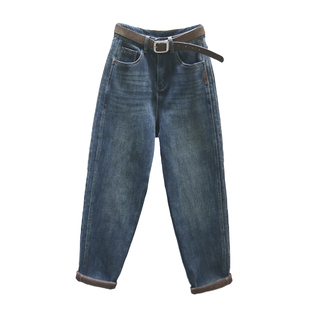 复古高腰哈伦牛仔裤女2025秋冬新款加绒加厚宽松休闲老爹萝卜裤子