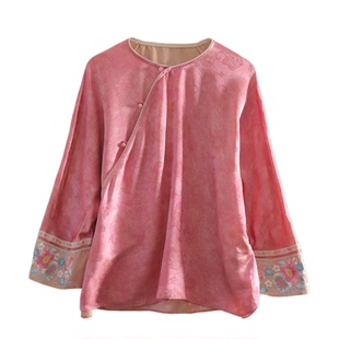 美伦高级真丝人丝提花绣花国风上衣女2025中式斜襟春秋气质中青年