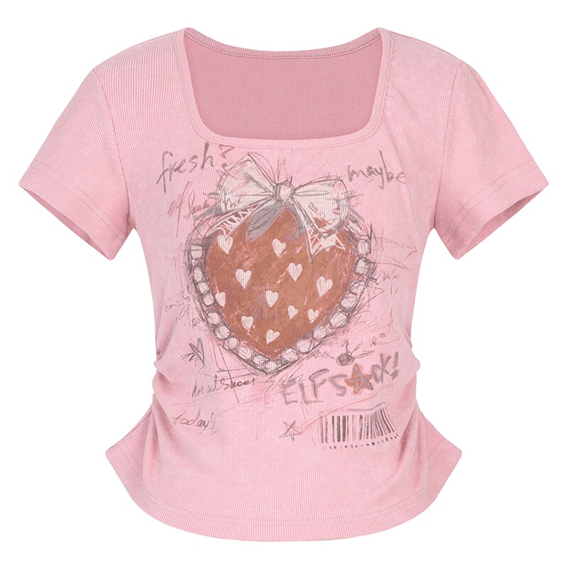 妖精的口袋草莓粉色印花短袖t恤女2026夏季新款修身显瘦短款上衣