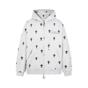 DARKAGE美式复古满印十字架开衫连帽卫衣男女秋冬哥特风加绒外套