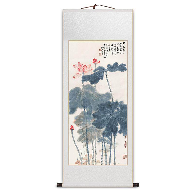 张大千荷花卷轴挂画手工装裱