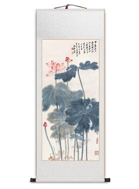 张大千荷花卷轴挂画手工装裱