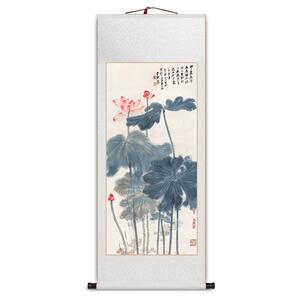张大千荷花卷轴挂画手工装裱