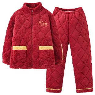 浪莎情侣珊瑚绒夹棉睡衣女红色冬季加厚三层保暖男立领拉链家居服