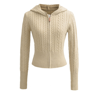 欧美风新款麻花纹连帽拉链针织衫