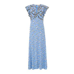 DVF2026春夏新款V领茶歇裙淡蓝线描花影拼接绉纱连衣裙DS1U023