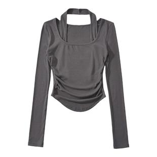 气质!设计感挂脖假两件收腰螺纹打底衫弹力舒适长袖t恤上衣女春